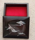 Vtg Black Lacquer Box Cranes Inlay Mother Of Pearl Abalone Mcm  4 x5    Excellent
