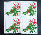 Vintage Vera Neumann Christmas Napkins 4 Holly Red Berries Bow Ribbon 16  White