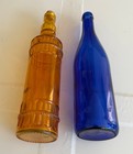 2 Of Glass Decorative Bottles Yellow And Blue 12  Tall