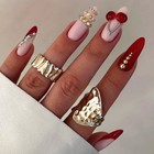 48pcs-red French 3d Cherry Gold Rhinestone Long Almond Press On Nail Set