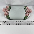 Vintage Mirror Vanity Dresser Tray Oval Porcelain Pink Rose Flowers 14x8 5   