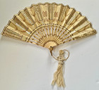 Ornate Antique French Hand-painted Floral Sequin Carved Bone Mop Inlaid Hand Fan