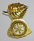 Vtg Avon Solid Perfume Holder Leaf Locket Brooch Pin Ivory Faux Pearl Gold Tone