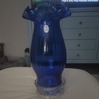 Fenton Blue   Clear Ruffled Pattern Glass Decorative Hurricane Lantern With Box