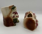 2 Pixie Elf Ceramic Figural Planter Vases Tree Stump Gnome Fairy Garden Vintage
