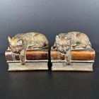 Vintage Cat Bookend Pair Heavy Bronze Finish Cats Laying On Books Library Decor