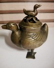 Aged Brass Standing Duck Incense Burner With Lid   Tiny Duck Handle Vintage 4x4 