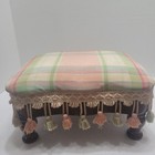 Vintage Foot Stool With Decorative Tassels Oak Wood Base Pastel Pink Green Blue
