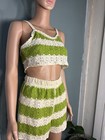 Rebellion Crochet Striped Green Ivory Top   Shorts Set Women Size S Cotton