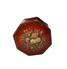 Vtg Octagonal Tin Container Hinged Lid Red Metal Box Flowers Made In England