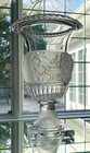 Large Lalique Style Crystal Pedestal Vase W grape Vine Motif   H 12  X W 8 