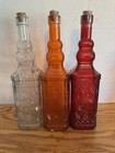 3 Vintage Glass Decorating Bottle 12 1 2   h Raised Design  Orange   Red  Clear