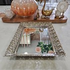 Vintage Filigree Mirror Vanity Dresser Tray Gold Silver Tone Jewelry Perfume