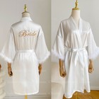 Women s White Satin Feather Robe Short Bridal Bathrobe Kimono Lingerie Gown