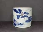 19thc Antique Blue And White Brushpot  Copper Red Landscape And Chinese Poem
