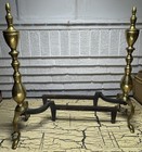 Vtg Federal Style Brass Cast Iron Fireplace Andirons Set Log Holder Fire Dogs