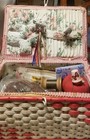 Sewing Basket With Contents  Antique Wooden Spools  Thread  Thimbles  Whatnots