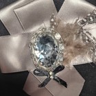 Ribbon Bow Brooch Pin Beige Black Silver With Oval Clear Rhinestone Bezel