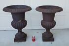 Antique Large Cast Iron Fluted Campana Urns Outdoor Garden Planters Set Of 2