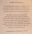 Nos  Honorable Order Of Kentucky Colonels  Medal Of Distinction On Card   2010