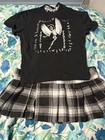 Girls Size S 2pc Goth Skirt Set Black Graphic Tee   Black white Plaid Skirt