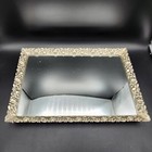 Vintage Ornate Silver Filigree Mirrored Tray With Feet Vanity Floral Rectangle