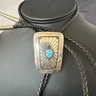 Mens Blue Kingman Turquoise Stamped Navajo Sterling Silver Bolo Tie 2    19302