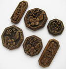 Burwood Syroco Vintage Buttons Lot Of Six Floral Flowers Octagons Processed Wood