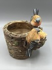 Bird Planter 2 Song Birds Feeding 2 Chicks Resin 3    Wicker-look Basket Rustic