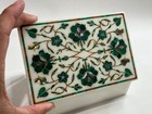 Vtg White Marble Inlay Jewelry Box Green Gold Floral Trinket Box Charity Over