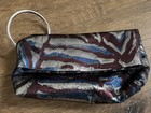 Vince Camuto Simi Clutch Bag Purse Woven Metallic Silver Burgundy Blue Magnetic