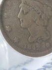 1842 Braided Hair Large Cent 1c Coin Anacs F-12 Small Date    details Damaged