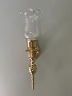 Vintage Brass Candle Holder Wall Sconce Torch Hollywood Regency W etched Glass