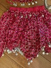 Pink Sequin Mesh Belly Dance Set Bra Top   Hip Scarf Coin Trim And Head Piece