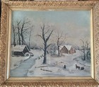 Antique Original American Folk Art Landscape Painting 19th Century Oil On Canvas