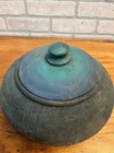 Beautiful Old Wooden Primitive Style Bowl With Lid Cover Great Blue Green Color