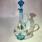 Romanian Vintage Blue Glass Decanter With 6 Cordial Glasses Gold Floral Design