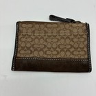 Coach Signature C Mini Coin Purse Brown Tan Jacquard Leather Trim Zip Pouch
