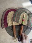 African Bolga Fan Leather Handle Woven Souvenir 2 Piece Euc