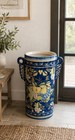 Large Hand-painted Majolica Ceramic Umbrella Stand Floor Vase Blue Floral 18 5   