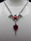 Spooky Gothic Vampire Silver Red Bat Red Gemstone Drip Choker Necklace Jewelry