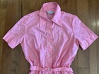 Vintage 70s Pink Shirt Dress Size 12 White Stitching Button Front Belted Elastic