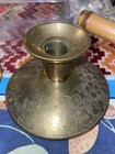 Pair Of Vintage Solid Brass Floral Etched Round Candleholders Candlesticks 