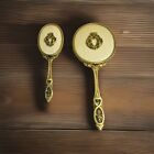Antique Vanity Set Mirror And Brush  Filigree In Gold Tone Decoration Original