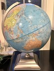 Vintage Large George Cram Co  World Globe Brushed Nickel Square Metal Base Euc
