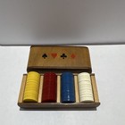 Antique Poker Chip Set W  Wooden Case  White blue red yellow Plastic Chips