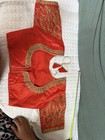 Handmade Women   s Red Gold Embroidered Silk Blend Satin Tie Back Choli Blouse