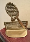 Vintage Brass Tennis Racket Net   Ball Bookends Pair Heavy Mcm Eclectic Art Deco