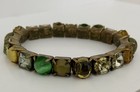 Vtg Antique Gold Stretch Bracelet W Clear   Yellow Glass  Green Catseye Accents