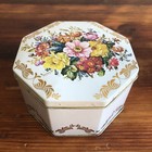 Vtg Floral Tin Made In England Hinge Lid Octagonal Canister Container Gold